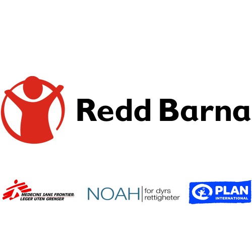 Logoer av Redd barna, leger uten grenser, NOAH, og Plan.